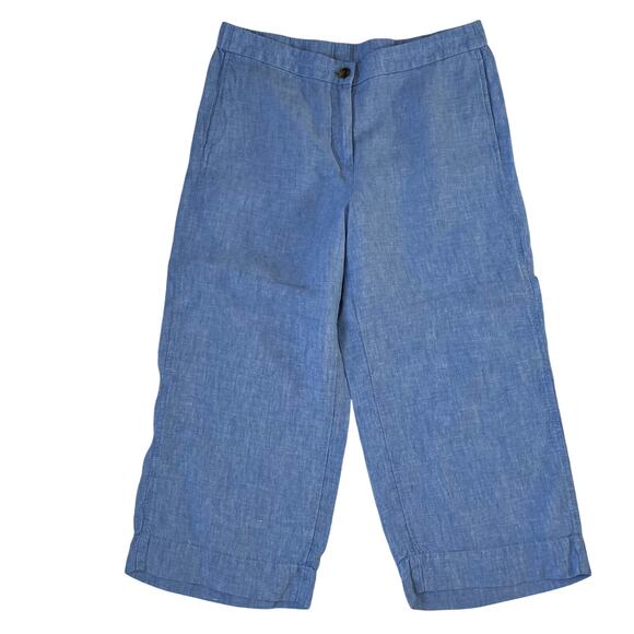 J.Jill 100% Linen Blue Wide Leg High Waist Crop Zipper Fly Elastic Back Size MP - Picture 1 of 7